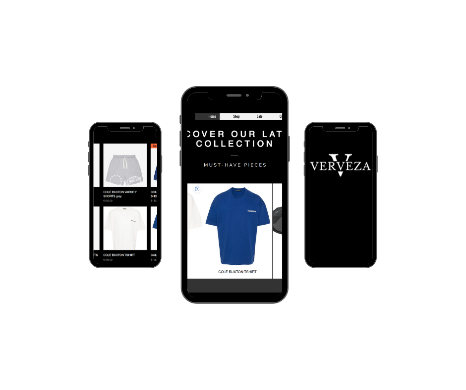 Verveza mobile shop pages shown across phone mockups